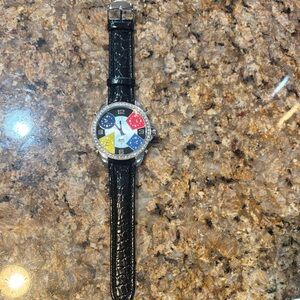 Men's Black Leather Strap Watch with Multicolor Dial